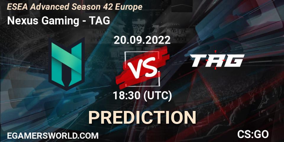 Nexus Gaming vs TAG: Betting TIp, Match Prediction. 20.09.2022 at 18:30. Counter-Strike (CS2), ESEA Season 42: Advanced Division - Europe