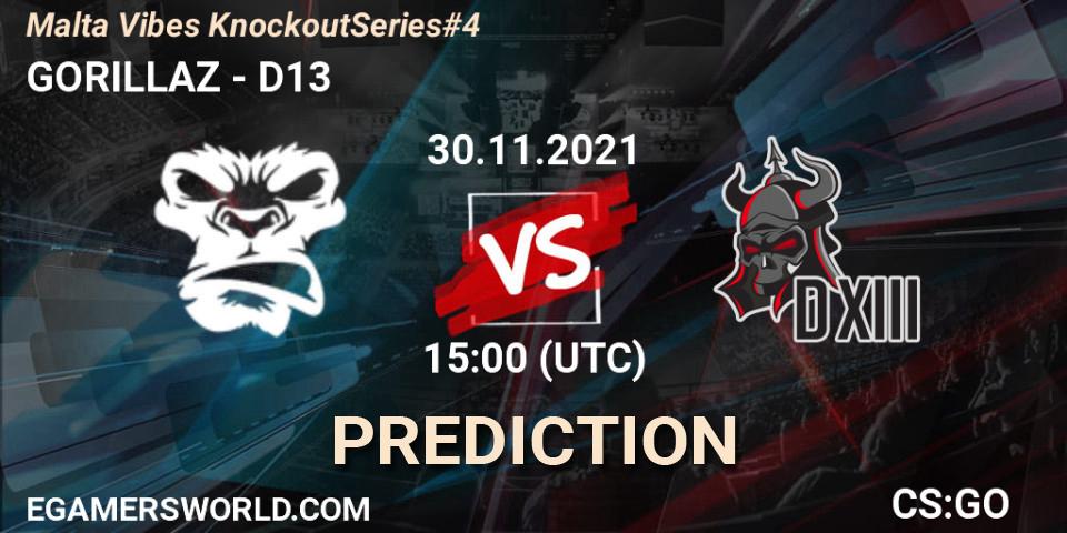 GORILLAZ vs D13: Betting TIp, Match Prediction. 30.11.2021 at 15:25. Counter-Strike (CS2), Malta Vibes Knockout Series #4