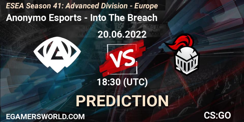 Anonymo Esports vs Into The Breach: Betting TIp, Match Prediction. 20.06.2022 at 16:00. Counter-Strike (CS2), ESEA Season 41: Advanced Division - Europe