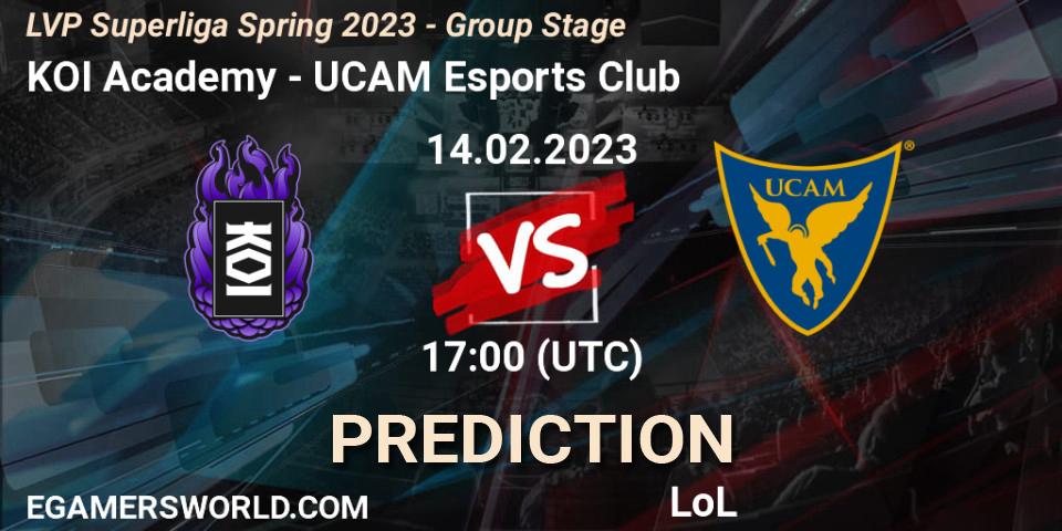 KOI Academy vs UCAM Esports Club: Betting TIp, Match Prediction. 14.02.2023 at 17:00. LoL, LVP Superliga Spring 2023 - Group Stage