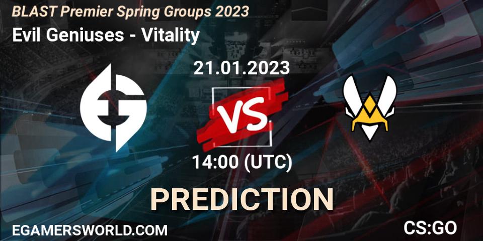 Evil Geniuses vs Vitality: Betting TIp, Match Prediction. 21.01.2023 at 15:40. Counter-Strike (CS2), BLAST Premier Spring Groups 2023