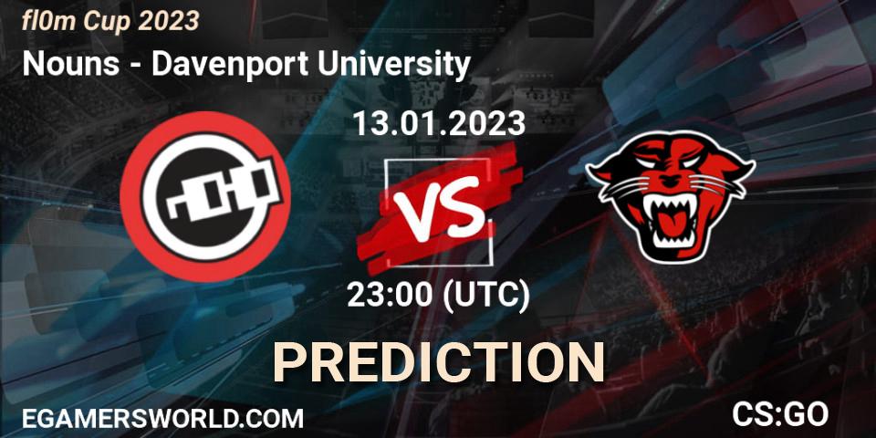 Nouns vs Davenport University: Betting TIp, Match Prediction. 13.01.2023 at 23:00. Counter-Strike (CS2), fl0m Cup 2023