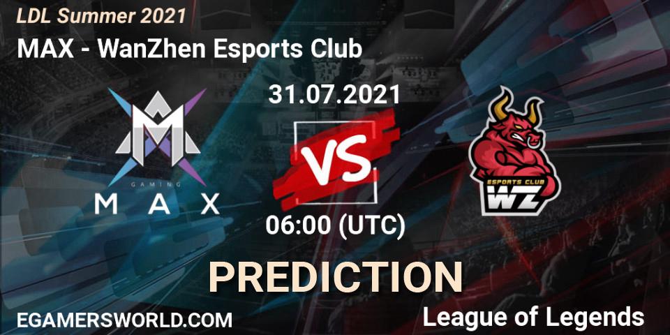 MAX vs WanZhen Esports Club: Betting TIp, Match Prediction. 01.08.2021 at 06:00. LoL, LDL Summer 2021