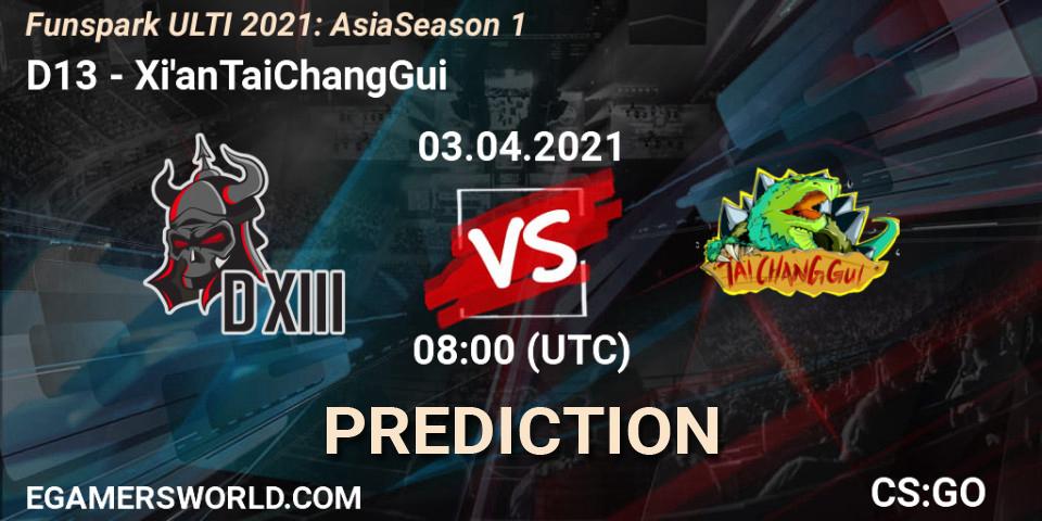 D13 vs Xi'anTaiChangGui: Betting TIp, Match Prediction. 03.04.2021 at 09:30. Counter-Strike (CS2), Funspark ULTI 2021: Asia Season 1