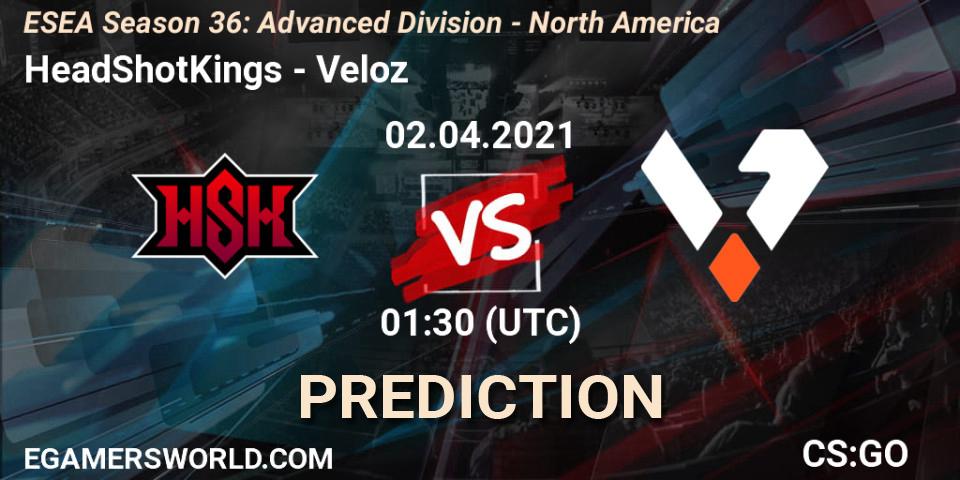 HeadShotKings vs Veloz: Betting TIp, Match Prediction. 04.04.2021 at 01:00. Counter-Strike (CS2), ESEA Season 36: Advanced Division - North America