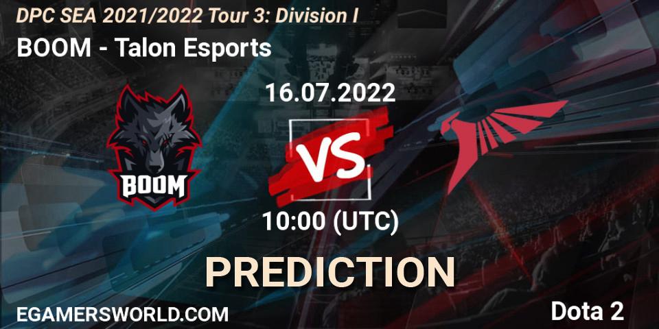 BOOM vs Talon Esports: Betting TIp, Match Prediction. 16.07.2022 at 10:06. Dota 2, DPC SEA 2021/2022 Tour 3: Division I
