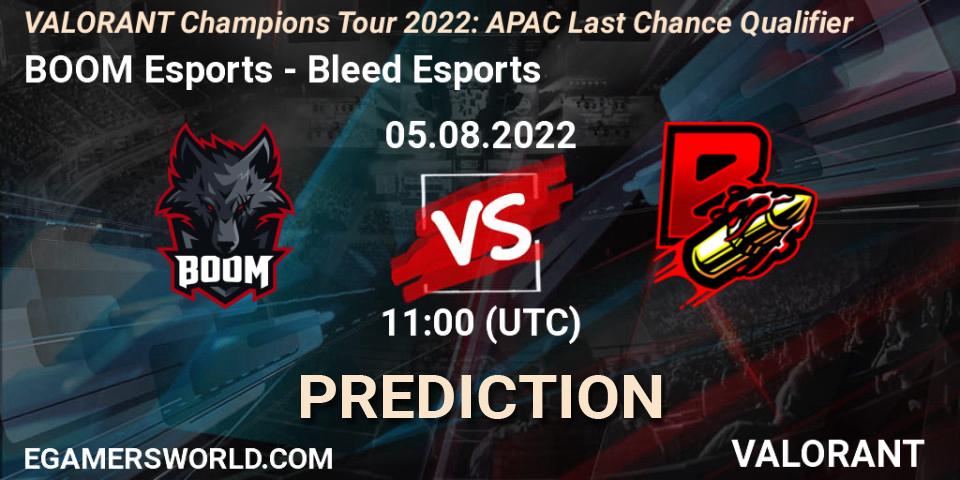 BOOM Esports vs Bleed Esports: Betting TIp, Match Prediction. 05.08.2022 at 11:00. VALORANT, VCT 2022: APAC Last Chance Qualifier