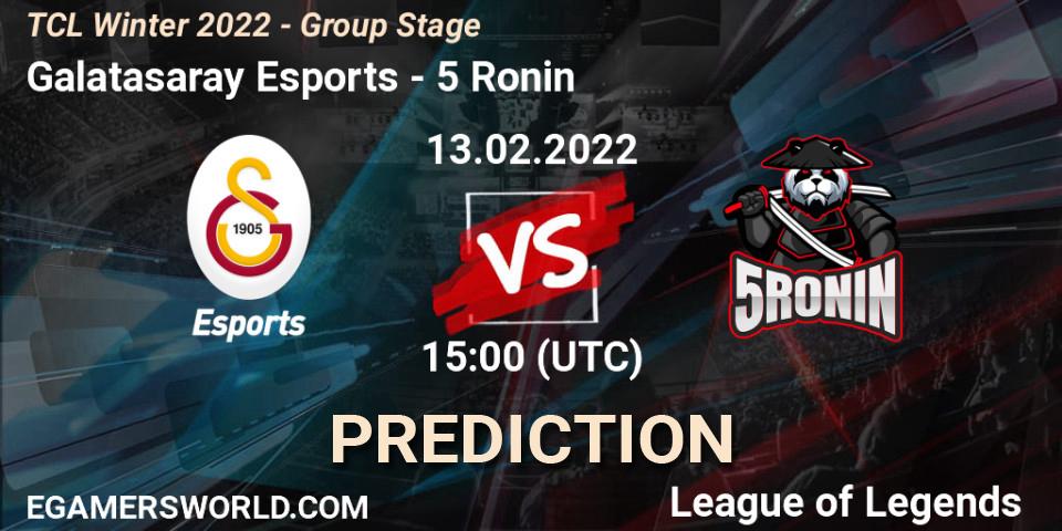 Galatasaray Esports vs 5 Ronin: Betting TIp, Match Prediction. 13.02.2022 at 15:00. LoL, TCL Winter 2022 - Group Stage