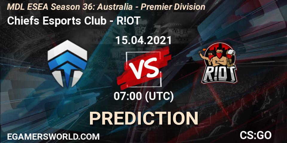 Chiefs Esports Club vs R!OT: Betting TIp, Match Prediction. 15.04.2021 at 07:00. Counter-Strike (CS2), MDL ESEA Season 36: Australia - Premier Division