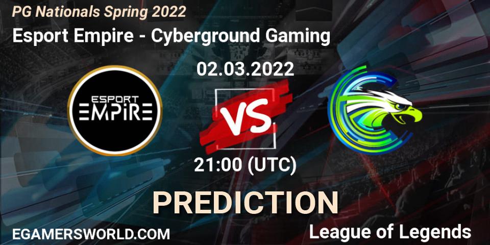 Esport Empire vs Cyberground Gaming: Betting TIp, Match Prediction. 02.03.2022 at 21:00. LoL, PG Nationals Spring 2022