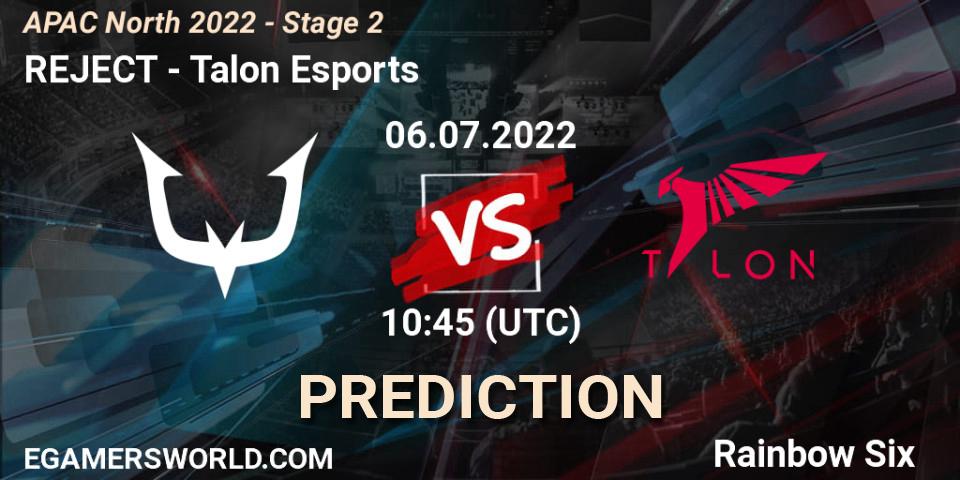 REJECT vs Talon Esports: Betting TIp, Match Prediction. 06.07.2022 at 10:45. Rainbow Six, APAC North 2022 - Stage 2