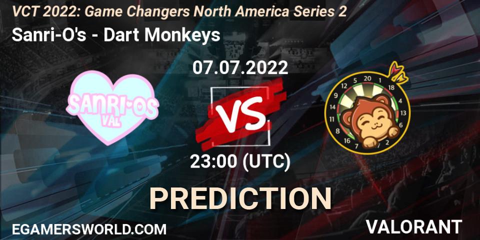 Sanri-O's vs Dart Monkeys: Betting TIp, Match Prediction. 07.07.2022 at 22:40. VALORANT, VCT 2022: Game Changers North America Series 2