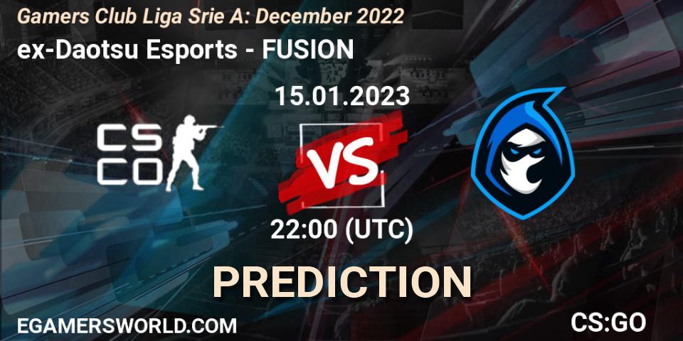 ex-Daotsu Esports vs FUSION: Betting TIp, Match Prediction. 15.01.2023 at 22:00. Counter-Strike (CS2), Gamers Club Liga Série A: December 2022