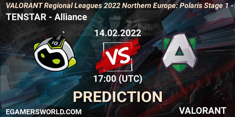 TENSTAR vs Alliance: Betting TIp, Match Prediction. 14.02.2022 at 17:00. VALORANT, VALORANT Regional Leagues 2022 Northern Europe: Polaris Stage 1 - Regular Season