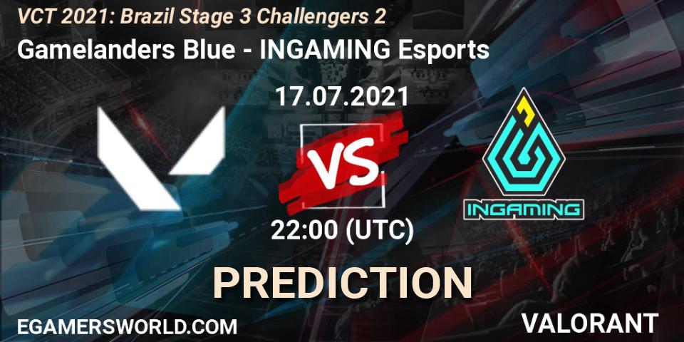 Gamelanders Blue vs INGAMING Esports: Betting TIp, Match Prediction. 17.07.2021 at 22:30. VALORANT, VCT 2021: Brazil Stage 3 Challengers 2