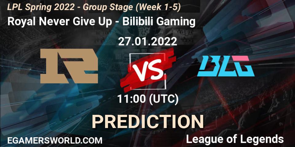 Royal Never Give Up vs Bilibili Gaming: Betting TIp, Match Prediction. 27.01.2022 at 11:00. LoL, LPL Spring 2022 - Group Stage (Week 1-5)