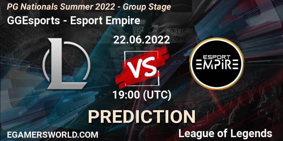 GGEsports vs Esport Empire: Betting TIp, Match Prediction. 22.06.2022 at 19:15. LoL, PG Nationals Summer 2022 - Group Stage