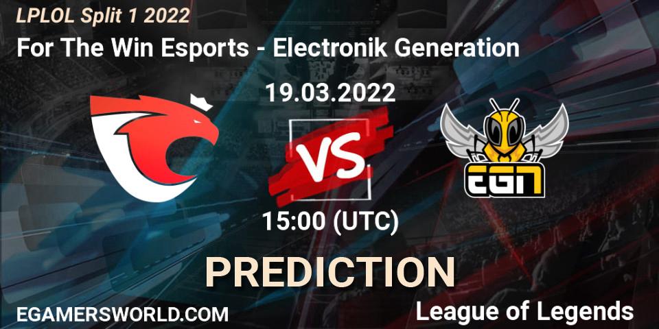 For The Win Esports vs Electronik Generation: Betting TIp, Match Prediction. 19.03.2022 at 15:00. LoL, LPLOL Split 1 2022