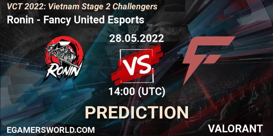 Ronin vs Fancy United Esports: Betting TIp, Match Prediction. 28.05.2022 at 14:30. VALORANT, VCT 2022: Vietnam Stage 2 Challengers