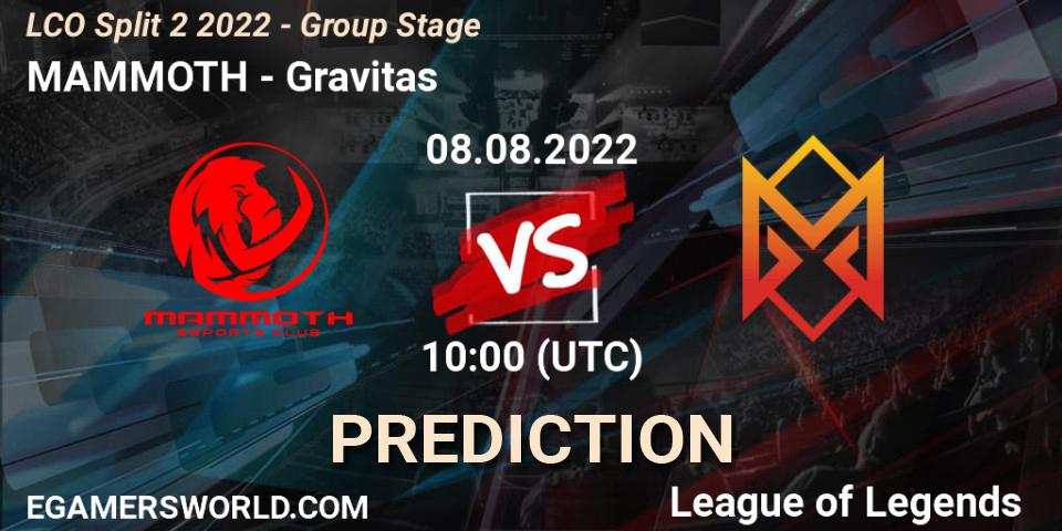 MAMMOTH vs Gravitas: Betting TIp, Match Prediction. 08.08.22. LoL, LCO Split 2 2022 - Group Stage