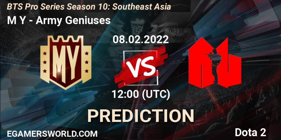 M Y vs Army Geniuses: Betting TIp, Match Prediction. 08.02.2022 at 12:09. Dota 2, BTS Pro Series Season 10: Southeast Asia