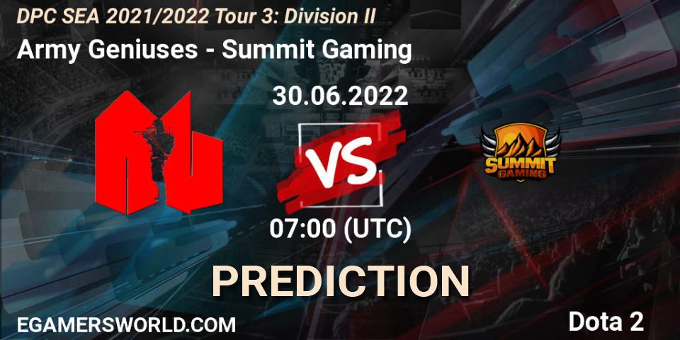 Army Geniuses vs Summit Gaming: Betting TIp, Match Prediction. 30.06.2022 at 07:02. Dota 2, DPC SEA 2021/2022 Tour 3: Division II