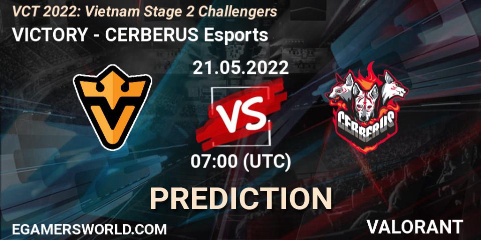 VICTORY vs CERBERUS Esports: Betting TIp, Match Prediction. 21.05.2022 at 07:00. VALORANT, VCT 2022: Vietnam Stage 2 Challengers