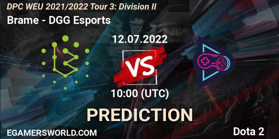 Brame vs DGG Esports: Betting TIp, Match Prediction. 12.07.2022 at 09:55. Dota 2, DPC WEU 2021/2022 Tour 3: Division II