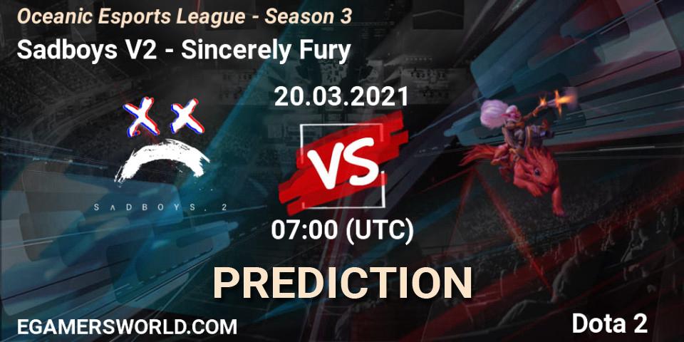 Sadboys V2 vs Sincerely Fury: Betting TIp, Match Prediction. 20.03.2021 at 07:02. Dota 2, Oceanic Esports League - Season 3