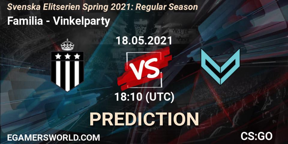 Familia vs Vinkelparty: Betting TIp, Match Prediction. 18.05.2021 at 18:10. Counter-Strike (CS2), Svenska Elitserien Spring 2021: Regular Season