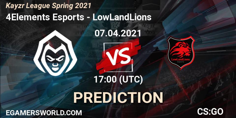 4Elements Esports vs LowLandLions: Betting TIp, Match Prediction. 07.04.2021 at 17:00. Counter-Strike (CS2), Kayzr League Spring 2021