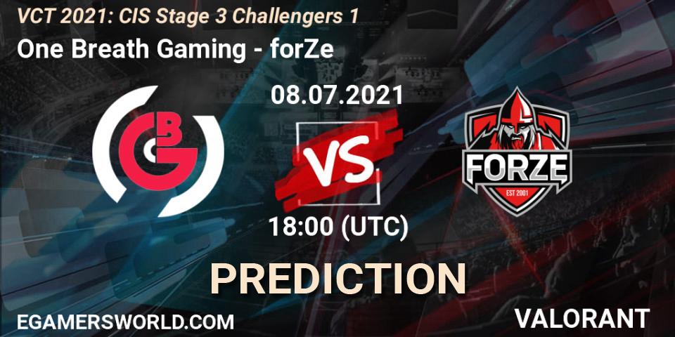 One Breath Gaming vs forZe: Betting TIp, Match Prediction. 08.07.2021 at 18:00. VALORANT, VCT 2021: CIS Stage 3 Challengers 1