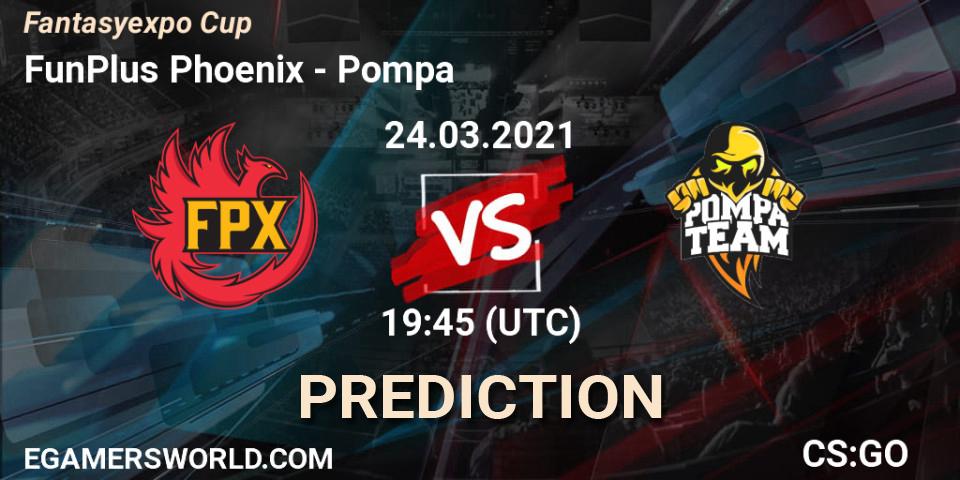 FunPlus Phoenix vs Pompa: Betting TIp, Match Prediction. 24.03.2021 at 19:45. Counter-Strike (CS2), Fantasyexpo Cup Spring 2021