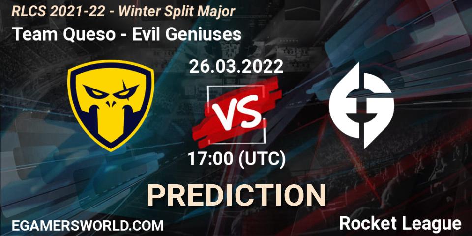 Team Queso vs Evil Geniuses: Betting TIp, Match Prediction. 26.03.2022 at 17:00. Rocket League, RLCS 2021-22 - Winter Split Major