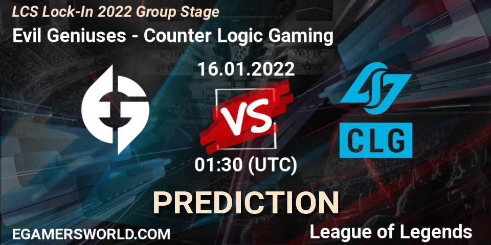 Evil Geniuses vs Counter Logic Gaming: Betting TIp, Match Prediction. 16.01.22. LoL, LCS Lock-In 2022 Group Stage