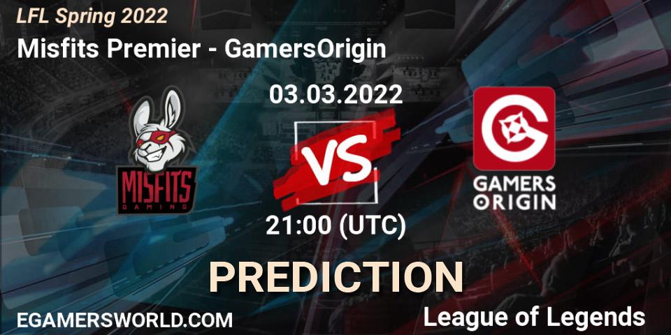 Misfits Premier vs GamersOrigin: Betting TIp, Match Prediction. 03.03.2022 at 21:00. LoL, LFL Spring 2022