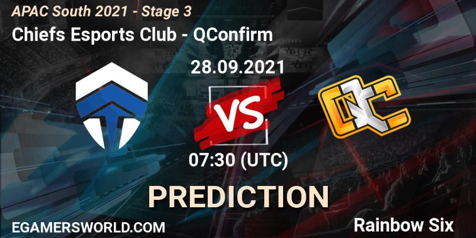 Chiefs Esports Club vs QConfirm: Betting TIp, Match Prediction. 28.09.2021 at 07:30. Rainbow Six, APAC South 2021 - Stage 3