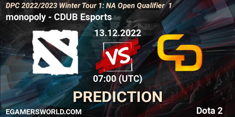 monopoly vs CDUB Esports: Betting TIp, Match Prediction. 13.12.2022 at 06:49. Dota 2, DPC 2022/2023 Winter Tour 1: NA Open Qualifier 1