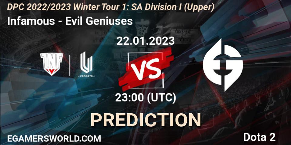 Infamous vs Evil Geniuses: Betting TIp, Match Prediction. 22.01.23. Dota 2, DPC 2022/2023 Winter Tour 1: SA Division I (Upper) 