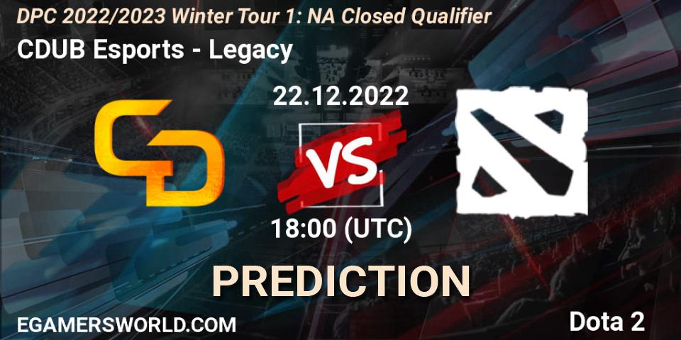 CDUB Esports vs Legacy遗: Betting TIp, Match Prediction. 22.12.2022 at 18:00. Dota 2, DPC 2022/2023 Winter Tour 1: NA Closed Qualifier