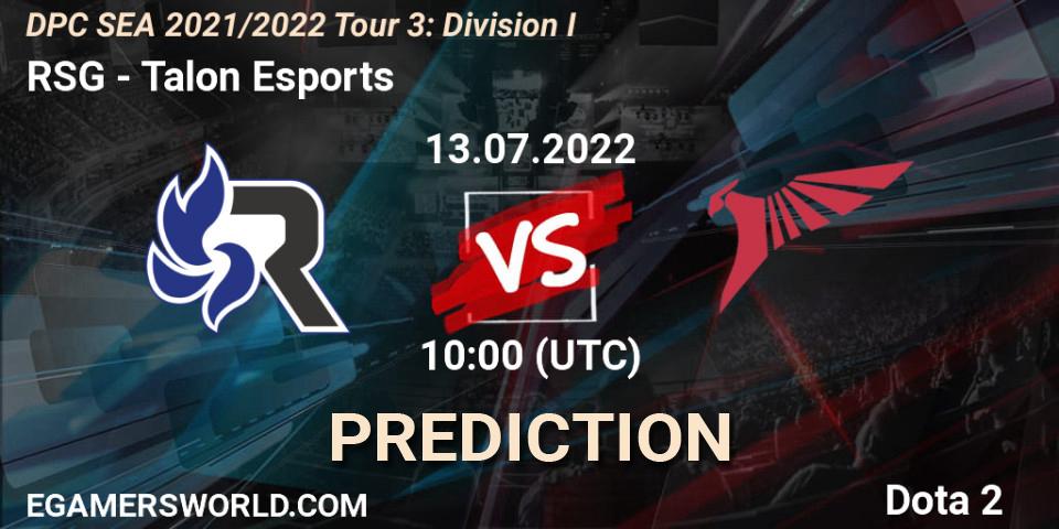 RSG vs Talon Esports: Betting TIp, Match Prediction. 13.07.2022 at 10:44. Dota 2, DPC SEA 2021/2022 Tour 3: Division I