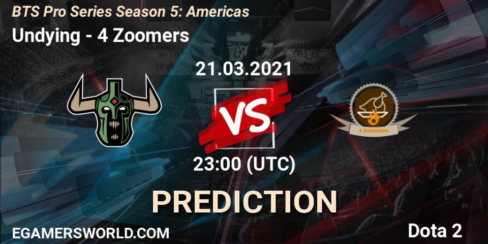 Undying vs 4 Zoomers: Betting TIp, Match Prediction. 21.03.2021 at 22:53. Dota 2, BTS Pro Series Season 5: Americas