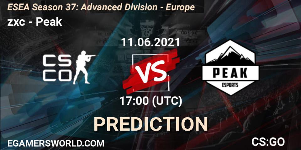 zxc vs Peak: Betting TIp, Match Prediction. 11.06.2021 at 17:00. Counter-Strike (CS2), ESEA Season 37: Advanced Division - Europe