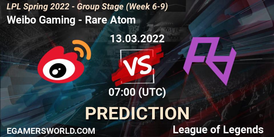 Weibo Gaming vs Rare Atom: Betting TIp, Match Prediction. 13.03.2022 at 07:00. LoL, LPL Spring 2022 - Group Stage (Week 6-9)