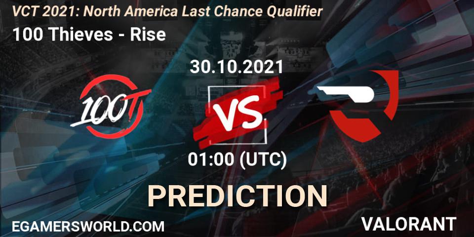 100 Thieves vs Rise: Betting TIp, Match Prediction. 30.10.2021 at 01:00. VALORANT, VCT 2021: North America Last Chance Qualifier