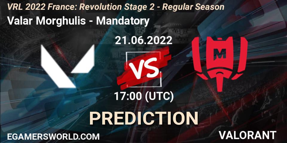 Valar Morghulis vs Mandatory: Betting TIp, Match Prediction. 21.06.2022 at 17:05. VALORANT, VRL 2022 France: Revolution Stage 2 - Regular Season