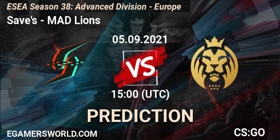 Save's vs MAD Lions: Betting TIp, Match Prediction. 05.09.2021 at 15:00. Counter-Strike (CS2), ESEA Season 38: Advanced Division - Europe