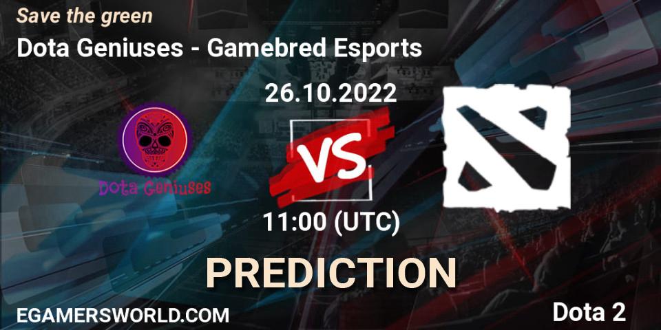 Dota Geniuses vs Gamebred Esports: Betting TIp, Match Prediction. 26.10.2022 at 11:06. Dota 2, Save the green