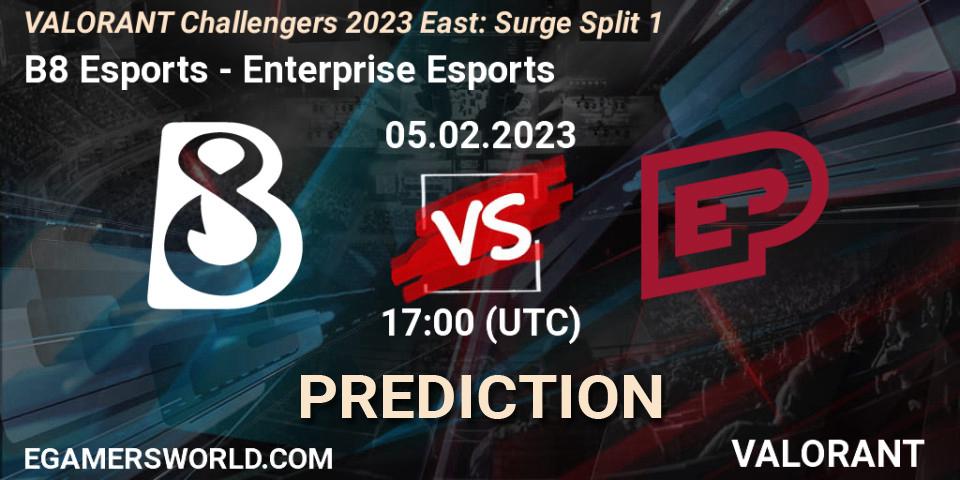 B8 Esports vs Enterprise Esports: Betting TIp, Match Prediction. 05.02.23. VALORANT, VALORANT Challengers 2023 East: Surge Split 1