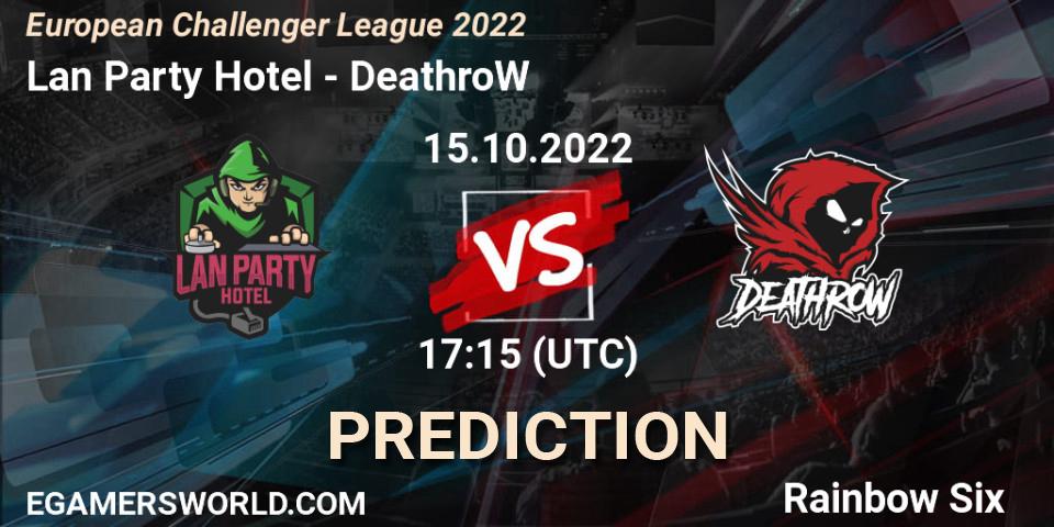 Lan Party Hotel vs DeathroW: Betting TIp, Match Prediction. 15.10.2022 at 17:15. Rainbow Six, European Challenger League 2022